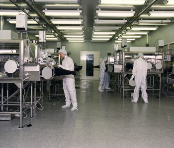 View of pristine sample lab showing glove cabinets