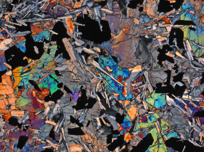 Thin Section Photograph of Apollo 11 Sample 10003,153 in Cross-Polarized Light at 2.5x Magnification and 2.85 mm Field of View (View #1)