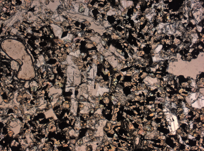 Thin Section Photograph of Apollo 11 Sample 10017,336 in Plane-Polarized Light at 2.5x Magnification and 2.85 mm Field of View (View #1)