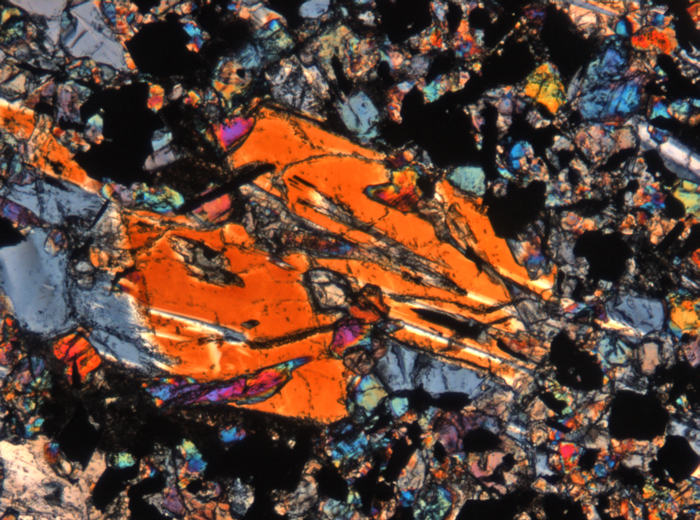 Thin Section Photograph of Apollo 11 Sample 10017,336 in Cross-Polarized Light at 5x Magnification and 1.4 mm Field of View (View #2)