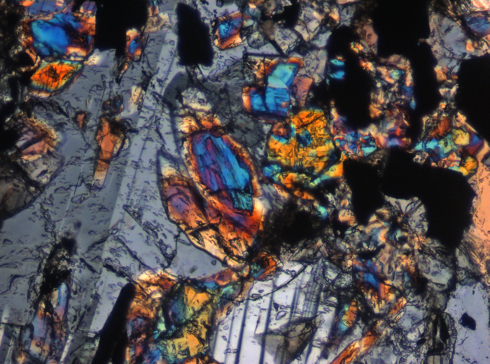 Thin Section Photograph of Apollo 11 Sample 10017,336 in Cross-Polarized Light at 10x Magnification and 0.7 mm Field of View (View #4)