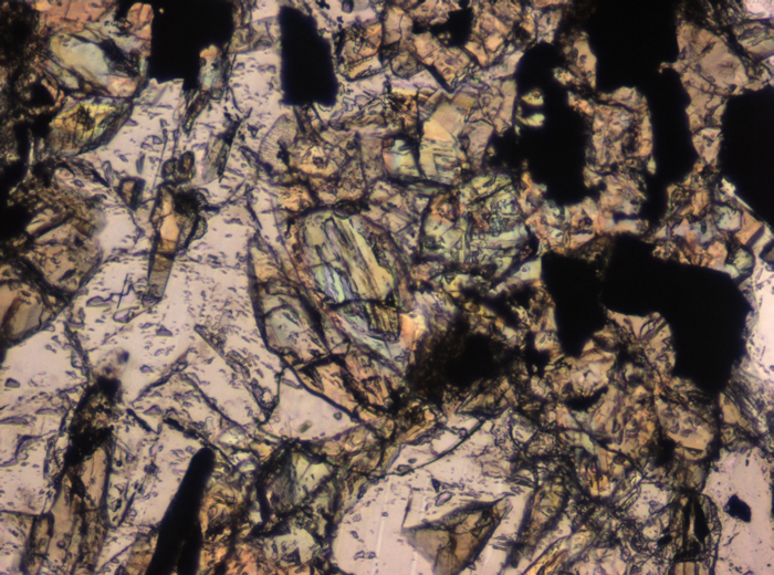 Thin Section Photograph of Apollo 11 Sample 10017,336 in Plane-Polarized Light at 10x Magnification and 0.7 mm Field of View (View #4)