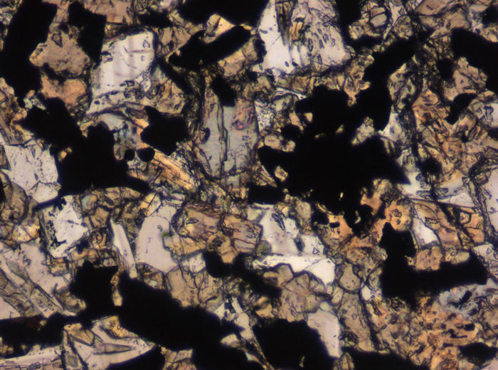 Thin Section Photograph of Apollo 11 Sample 10017,336 in Plane-Polarized Light at 10x Magnification and 0.7 mm Field of View (View #5)