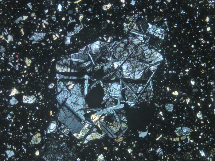 Thin Section Photograph of Apollo 11 Sample 10019,14 in Cross-Polarized Light at 5x Magnification and 2.3 mm Field of View (View #1)
