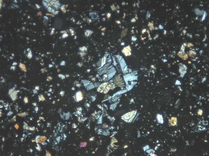 Thin Section Photograph of Apollo 11 Sample 10019,14 in Cross-Polarized Light at 10x Magnification and 1.15 mm Field of View (View #5)