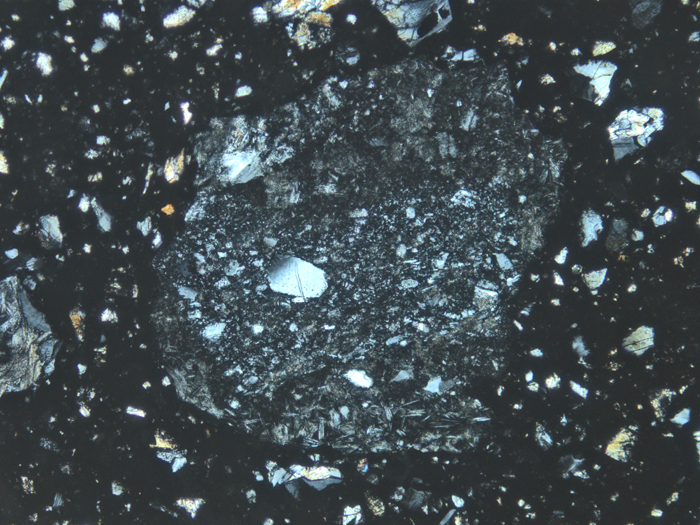 Thin Section Photograph of Apollo 11 Sample 10021,29 in Cross-Polarized Light at 10x Magnification and 1.15 mm Field of View (View #6)