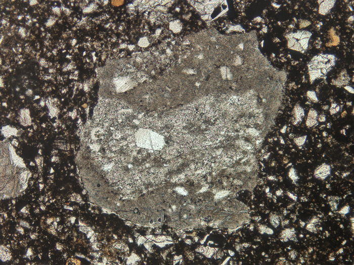 Thin Section Photograph of Apollo 11 Sample 10021,29 in Plane-Polarized Light at 10x Magnification and 1.15 mm Field of View (View #6)