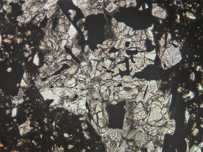 Thin Section Photograph of Apollo 11 Sample 10021,29 in Plane-Polarized Light at 10x Magnification and 1.15 mm Field of View (View #7)