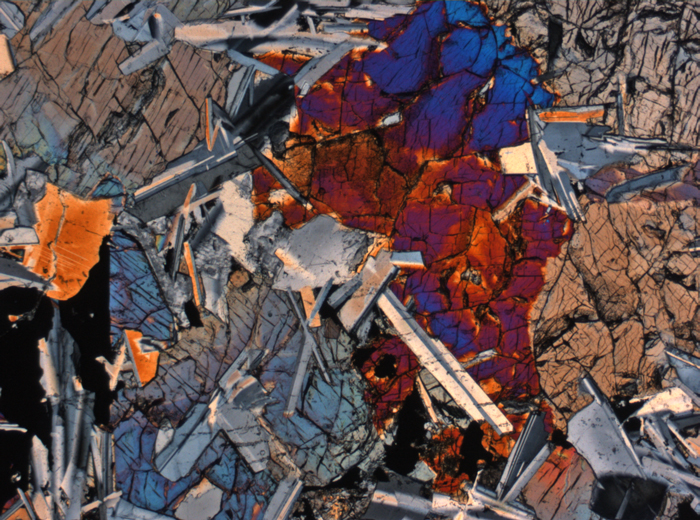 Thin Section Photograph of Apollo 11 Sample 10044,12 in Cross-Polarized Light at 2.5x Magnification and 2.85 mm Field of View (View #1)