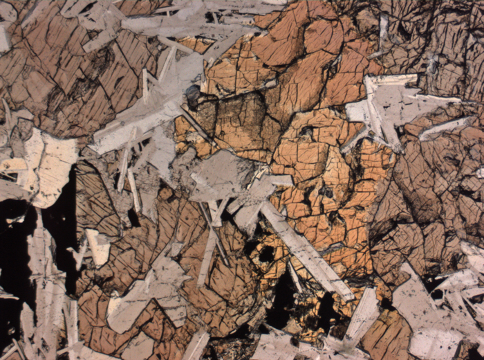 Thin Section Photograph of Apollo 11 Sample 10044,12 in Plane-Polarized Light at 2.5x Magnification and 2.85 mm Field of View (View #1)