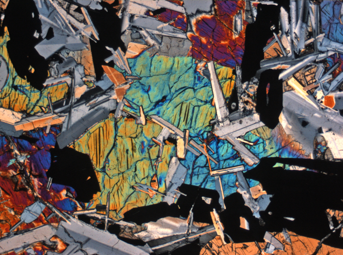 Thin Section Photograph of Apollo 11 Sample 10044,12 in Cross-Polarized Light at 2.5x Magnification and 2.85 mm Field of View (View #2)