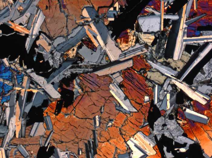 Thin Section Photograph of Apollo 11 Sample 10044,12 in Cross-Polarized Light at 2.5x Magnification and 2.85 mm Field of View (View #3)