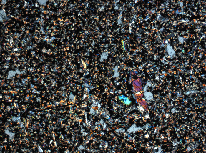 Thin Section Photograph of Apollo 11 Sample 10049,40 in Cross-Polarized Light at 2.5x Magnification and 2.85 mm Field of View (View #1)
