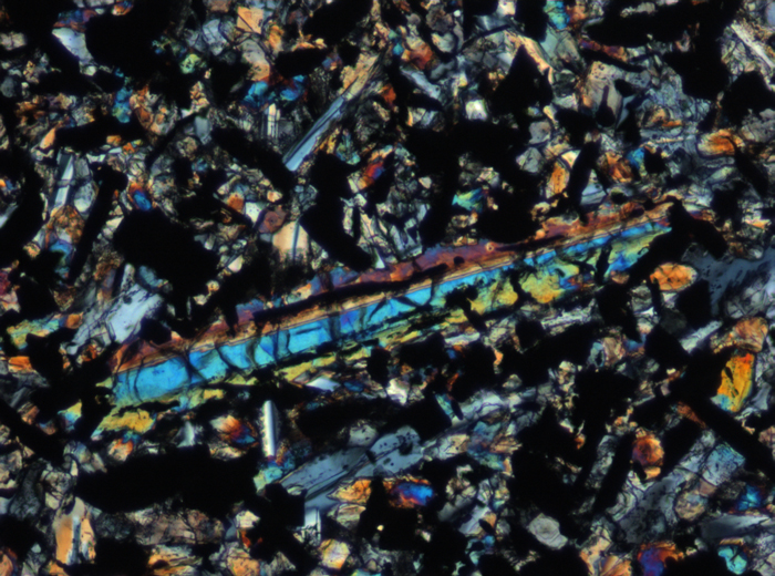 Thin Section Photograph of Apollo 11 Sample 10049,40 in Cross-Polarized Light at 10x Magnification and 0.7 mm Field of View (View #3)