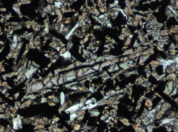 Thin Section Photograph of Apollo 11 Sample 10049,40 in Plane-Polarized Light at 10x Magnification and 0.7 mm Field of View (View #3)