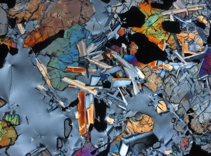Thin Section Photograph of Apollo 11 Sample 10050,153 in Cross-Polarized Light at 2.5x Magnification and 2.85 mm Field of View (View #2)