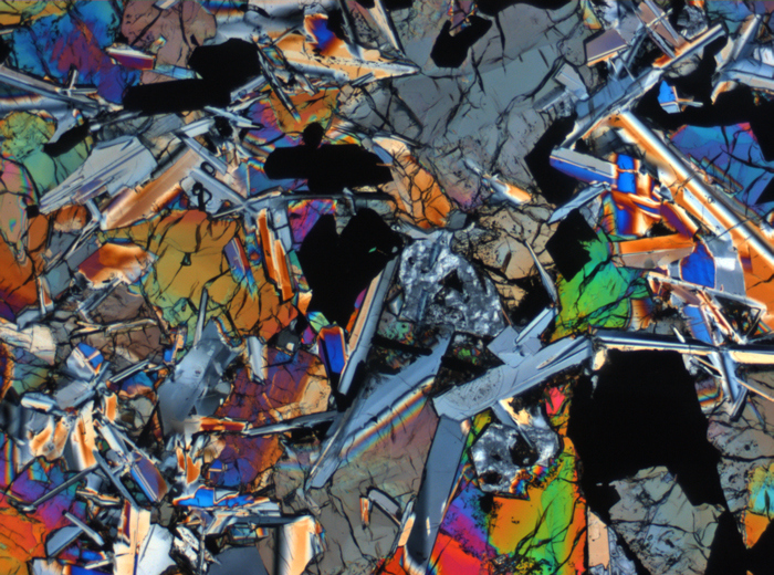Thin Section Photograph of Apollo 11 Sample 10050,153 in Cross-Polarized Light at 2.5x Magnification and 2.85 mm Field of View (View #4)