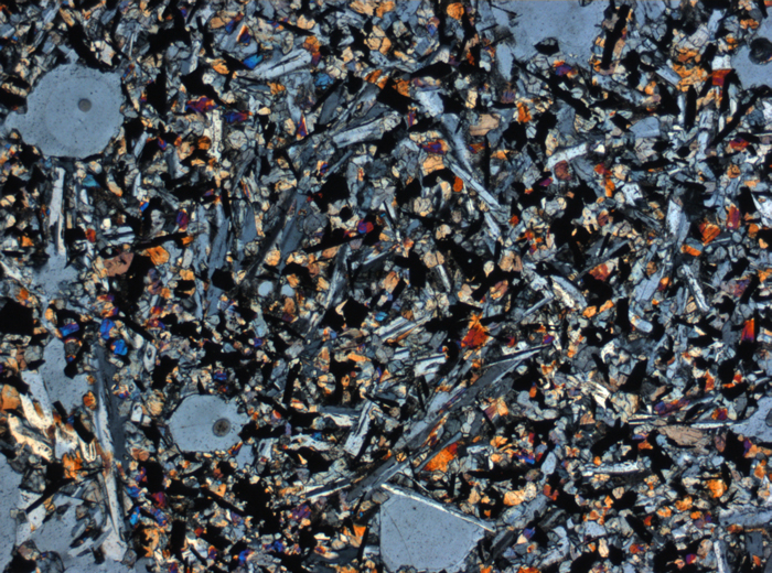 Thin Section Photograph of Apollo 11 Sample 10057,35 in Cross-Polarized Light at 2.5x Magnification and 2.85 mm Field of View (View #1)
