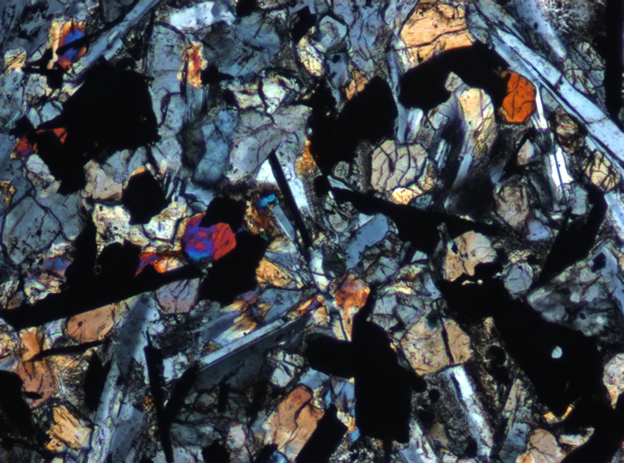 Thin Section Photograph of Apollo 11 Sample 10057,35 in Cross-Polarized Light at 10x Magnification and 0.7 mm Field of View (View #2)