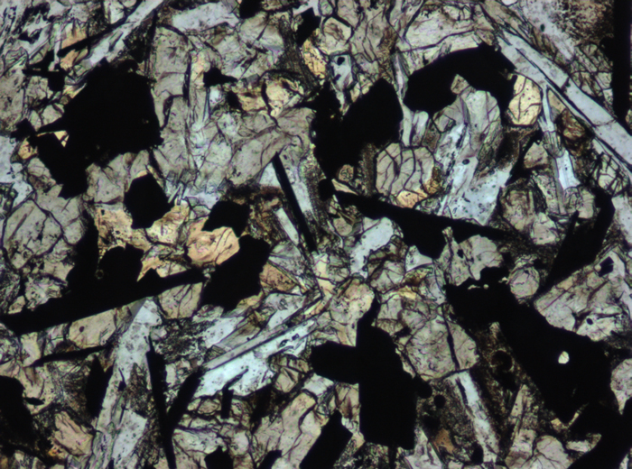 Thin Section Photograph of Apollo 11 Sample 10057,35 in Plane-Polarized Light at 10x Magnification and 0.7 mm Field of View (View #2)