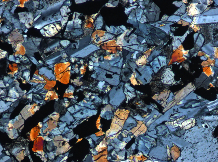 Thin Section Photograph of Apollo 11 Sample 10057,35 in Cross-Polarized Light at 10x Magnification and 0.7 mm Field of View (View #4)