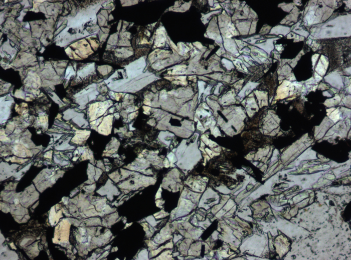 Thin Section Photograph of Apollo 11 Sample 10057,35 in Plane-Polarized Light at 10x Magnification and 0.7 mm Field of View (View #4)