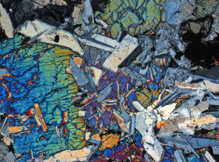 Thin Section Photograph of Apollo 11 Sample 10058,46 in Cross-Polarized Light at 2.5x Magnification and 2.85 mm Field of View (View #2)