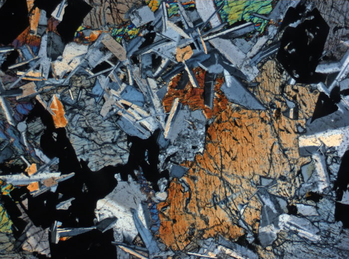 Thin Section Photograph of Apollo 11 Sample 10058,46 in Cross-Polarized Light at 2.5x Magnification and 2.85 mm Field of View (View #3)