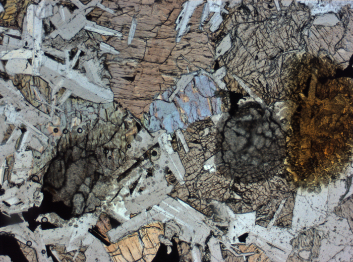 Thin Section Photograph of Apollo 11 Sample 10058,46 in Plane-Polarized Light at 2.5x Magnification and 2.85 mm Field of View (View #4)