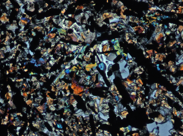 Thin Section Photograph of Apollo 11 Sample 10069,13 in Cross-Polarized Light at 10x Magnification and 0.7 mm Field of View (View #2)