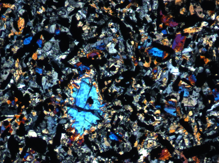 Thin Section Photograph of Apollo 11 Sample 10069,13 in Cross-Polarized Light at 10x Magnification and 0.7 mm Field of View (View #3)