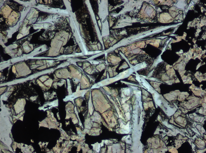 Thin Section Photograph of Apollo 11 Sample 10069,13 in Plane-Polarized Light at 10x Magnification and 0.7 mm Field of View (View #4)