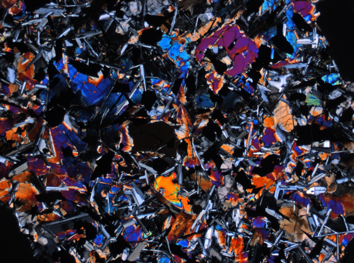 Thin Section Photograph of Apollo 11 Sample 10092,5 in Cross-Polarized Light at 2.5x Magnification and 2.85 mm Field of View (View #1)