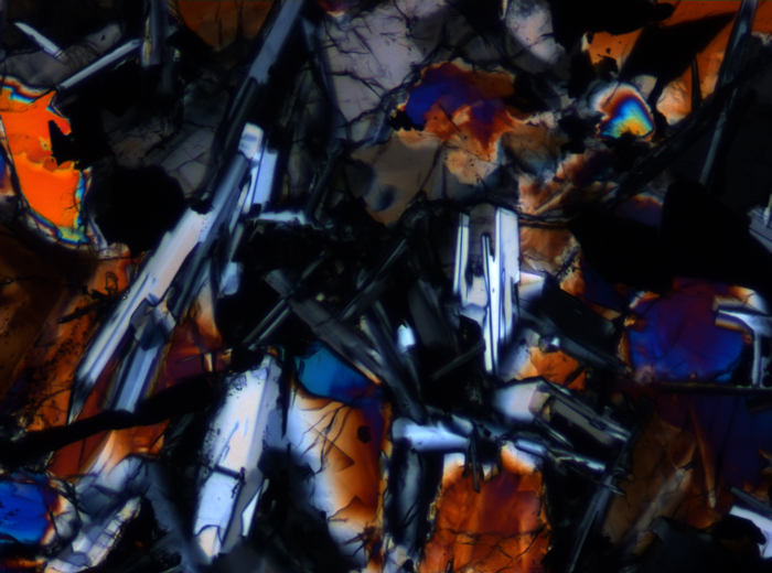 Thin Section Photograph of Apollo 11 Sample 10092,5 in Cross-Polarized Light at 10x Magnification and 0.7 mm Field of View (View #2)