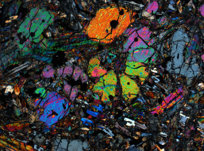 Thin Section Photograph of Apollo 12 Sample 12002,167 in Cross-Polarized Light at 2.5x Magnification and 2.85 mm Field of View (View #1)