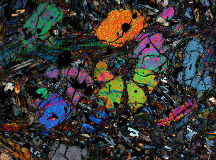 Thin Section Photograph of Apollo 12 Sample 12002,167 in Cross-Polarized Light at 2.5x Magnification and 2.85 mm Field of View (View #2)