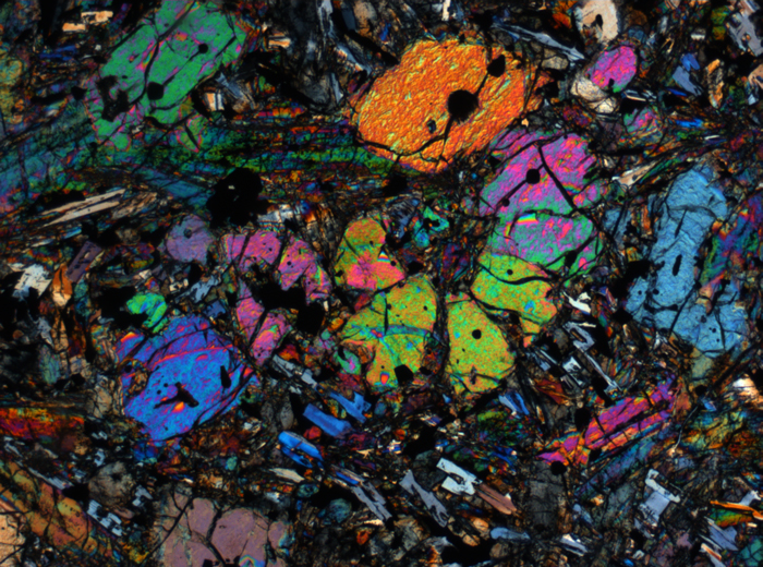 Thin Section Photograph of Apollo 12 Sample 12002,167 in Cross-Polarized Light at 2.5x Magnification and 2.85 mm Field of View (View #3)