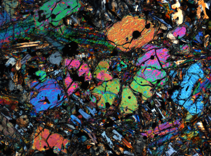 Thin Section Photograph of Apollo 12 Sample 12002,167 in Cross-Polarized Light at 2.5x Magnification and 2.85 mm Field of View (View #5)