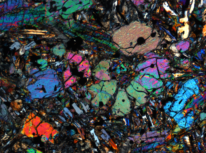 Thin Section Photograph of Apollo 12 Sample 12002,167 in Cross-Polarized Light at 2.5x Magnification and 2.85 mm Field of View (View #7)