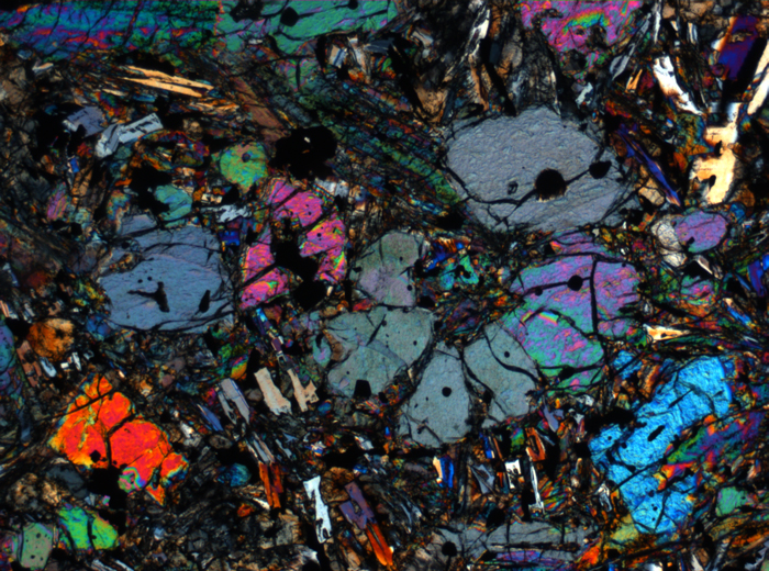 Thin Section Photograph of Apollo 12 Sample 12002,167 in Cross-Polarized Light at 2.5x Magnification and 2.85 mm Field of View (View #9)