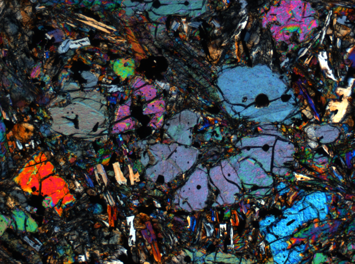 Thin Section Photograph of Apollo 12 Sample 12002,167 in Cross-Polarized Light at 2.5x Magnification and 2.85 mm Field of View (View #11)