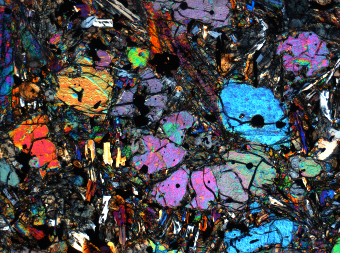 Thin Section Photograph of Apollo 12 Sample 12002,167 in Cross-Polarized Light at 2.5x Magnification and 2.85 mm Field of View (View #14)