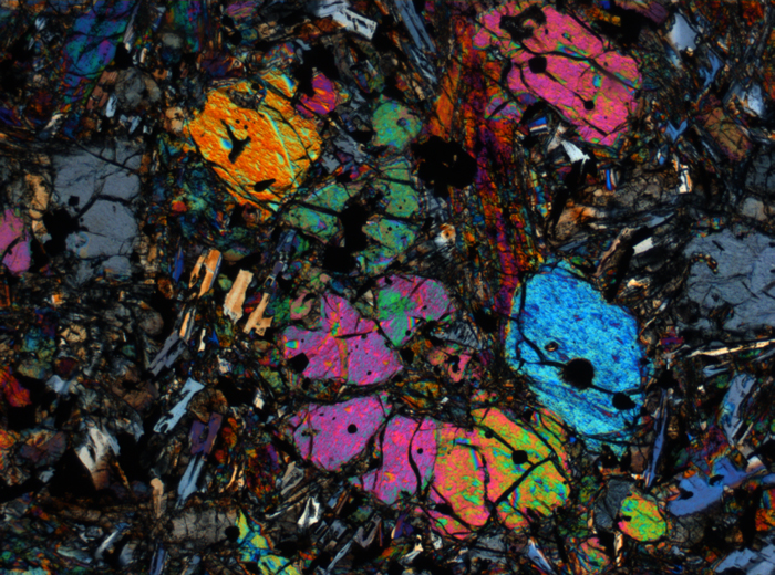 Thin Section Photograph of Apollo 12 Sample 12002,167 in Cross-Polarized Light at 2.5x Magnification and 2.85 mm Field of View (View #19)