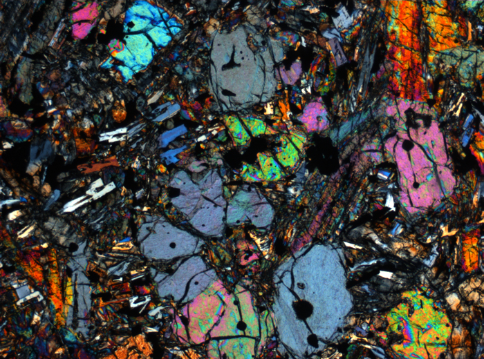 Thin Section Photograph of Apollo 12 Sample 12002,167 in Cross-Polarized Light at 2.5x Magnification and 2.85 mm Field of View (View #27)