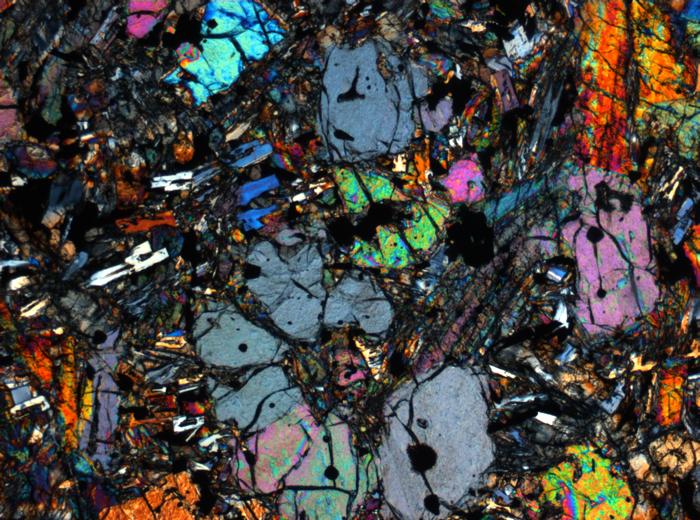 Thin Section Photograph of Apollo 12 Sample 12002,167 in Cross-Polarized Light at 2.5x Magnification and 2.85 mm Field of View (View #28)