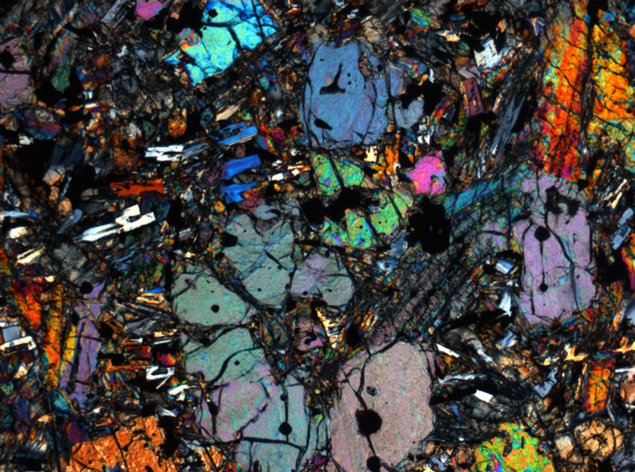 Thin Section Photograph of Apollo 12 Sample 12002,167 in Cross-Polarized Light at 2.5x Magnification and 2.85 mm Field of View (View #29)