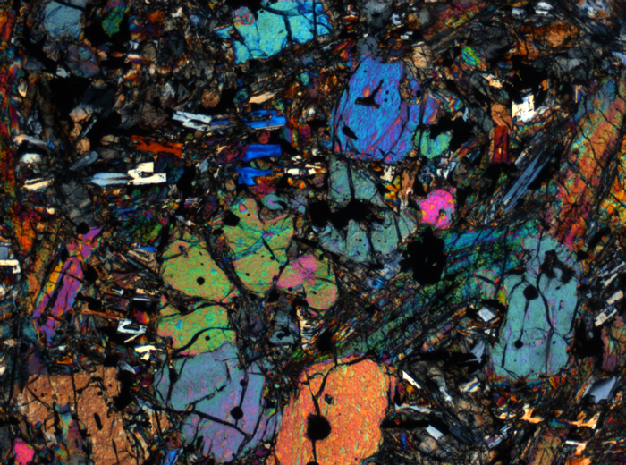 Thin Section Photograph of Apollo 12 Sample 12002,167 in Cross-Polarized Light at 2.5x Magnification and 2.85 mm Field of View (View #32)
