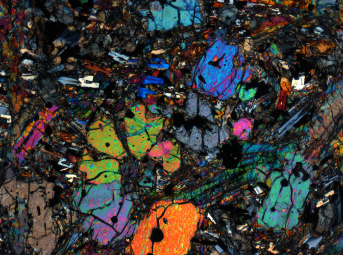 Thin Section Photograph of Apollo 12 Sample 12002,167 in Cross-Polarized Light at 2.5x Magnification and 2.85 mm Field of View (View #34)