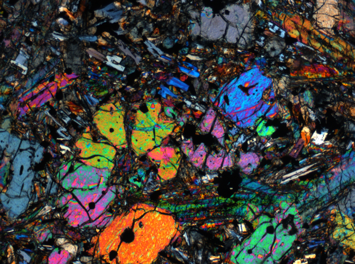 Thin Section Photograph of Apollo 12 Sample 12002,167 in Cross-Polarized Light at 2.5x Magnification and 2.85 mm Field of View (View #38)