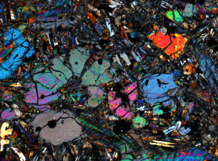 Thin Section Photograph of Apollo 12 Sample 12002,167 in Cross-Polarized Light at 2.5x Magnification and 2.85 mm Field of View (View #44)